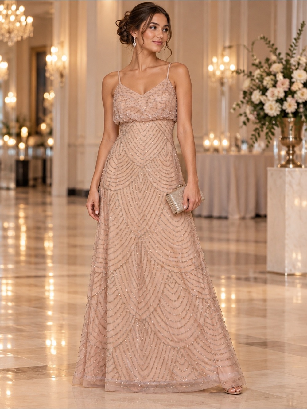 Adrianna Papell Size 4 Blush Beaded Sequin Formal Maxi Gown wedding prom ArtDeco
